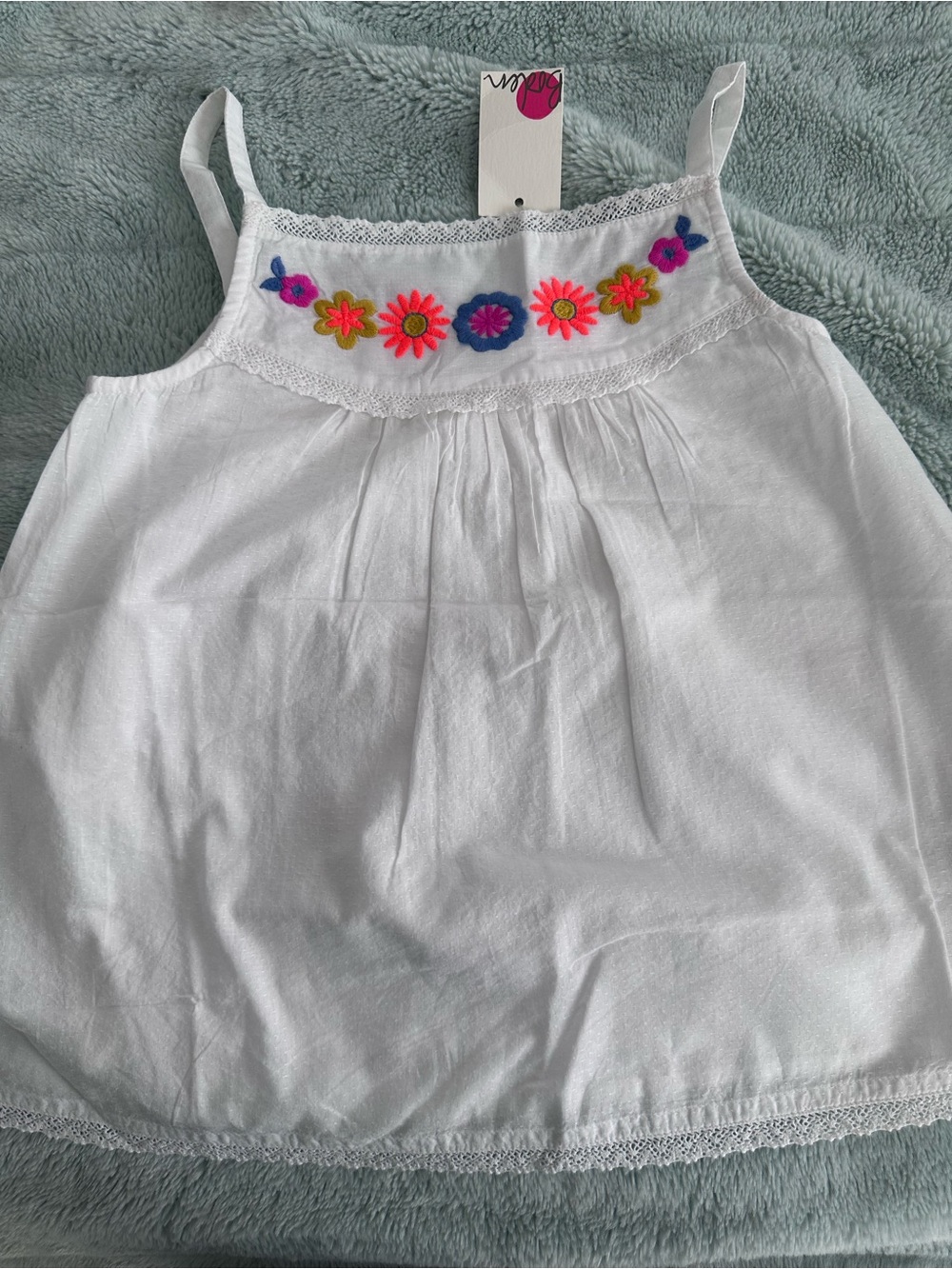 Mini Boden White Cotton Tank with Neon Floral Embroidery - NWT